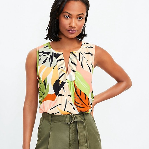 LOFT Tops - ⭐️ Loft Palm Split Neck Mixed Media Shell Sleeveless Tank SMALL